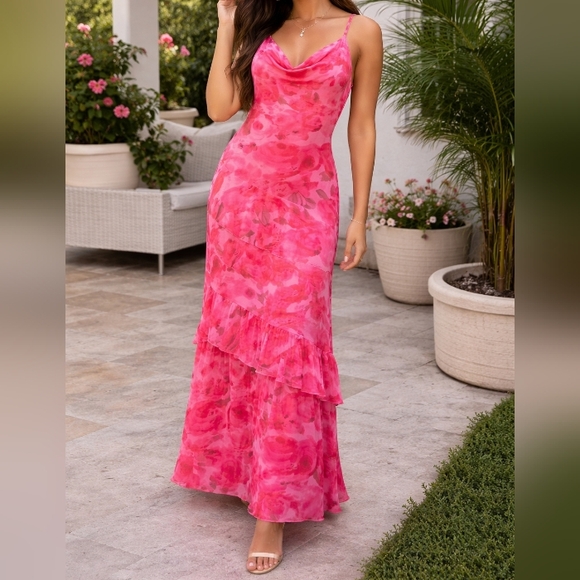 PrettyGarden Dresses & Skirts - Pink Floral Cowl Neck Maxi Dress